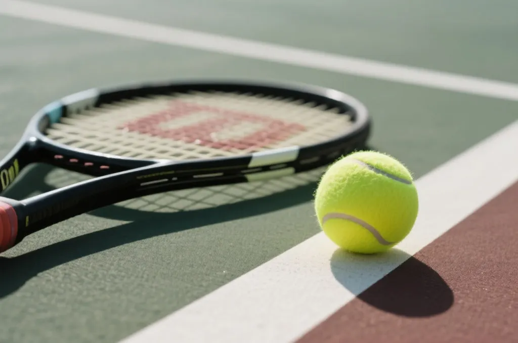 A close-up of a tennis racket and a yellow tennis ball resting on the court sideline, shallow depth of field, high-quality sports background